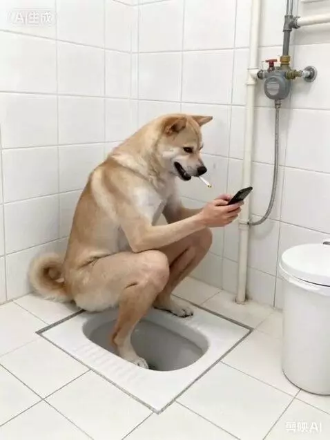 AI-generated image of a dog with human-like limbs squatting on a toilet, holding a smartphone and smoking.