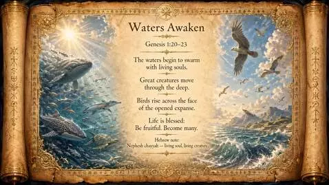 Visual depiction of the Genesis creation story, showing light separating from darkness and the early earth.