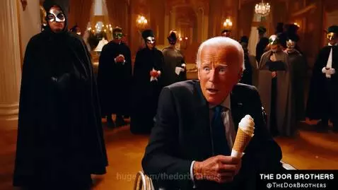 Collage of political figures in masks at a masquerade ball, including Trump, Biden, Obama, Putin, and Zuckerberg.