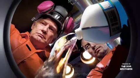 Elon Musk and Donald Trump in hazmat suits, drinking beer and eating popcorn, parodying Breaking Bad.