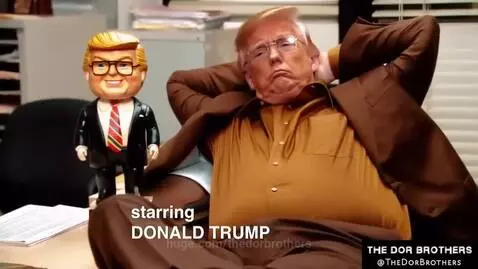 Deepfake of Donald Trump as a character from The Office, relaxing at a desk with a bobblehead.