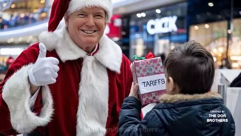AI-generated satirical depiction of political figures in Christmas-themed scenarios.