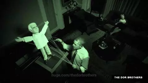 OuijaGate horror movie trailer with night vision filter, showing distorted political figures in disturbing scenes.