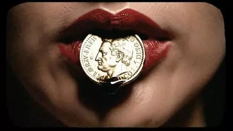 Collage of visuals from 'Pantheon Drip' music video: blindfolded woman with AK-47, Thor-like man in futuristic car, classical statues, and weapons.