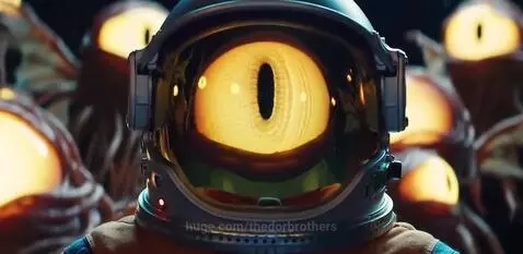 Astronaut in an orange suit facing a hostile alien creature in a surreal, colorful landscape.