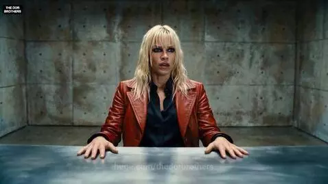 Woman driving a Cybertruck through a destroyed city during a geomagnetic storm.