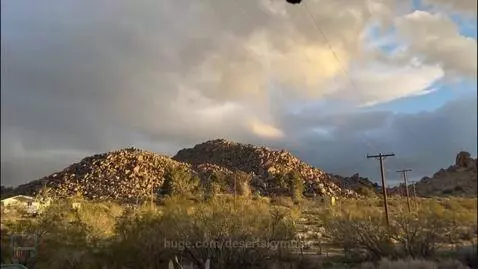 Desert landscape in Joshua Tree with rocky mountains, Joshua trees, and a vibrant rainbow during sunset.