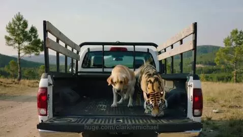 Golden retriever dog jumping into a truck bed where a tiger is calmly sitting.
