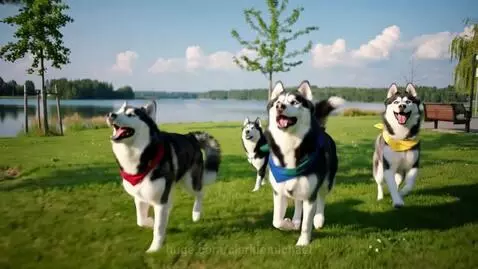 Four husky dogs wearing colorful bandanas run and howl happily in a sunny park next to a lake.