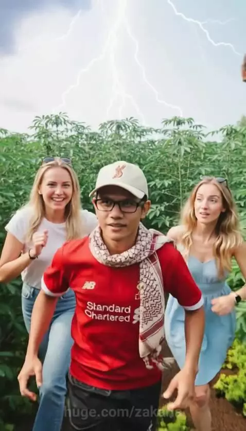 Three people running from a large, horned dinosaur through a lush landscape with lightning in the sky.