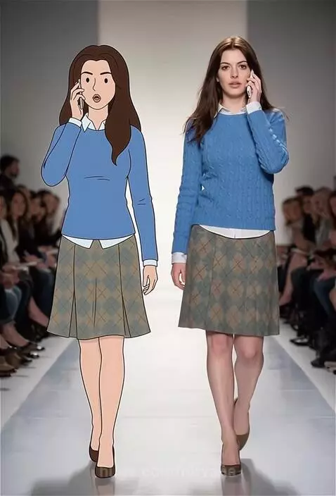 Anne Hathaway and animated character in blue sweaters and plaid skirts walking a fashion runway.
