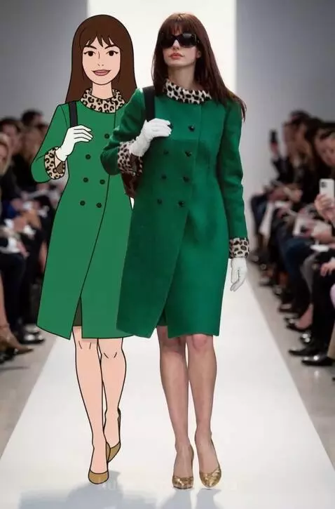 Live model and animated character walk a fashion runway in matching green coats with leopard print collars and white gloves.