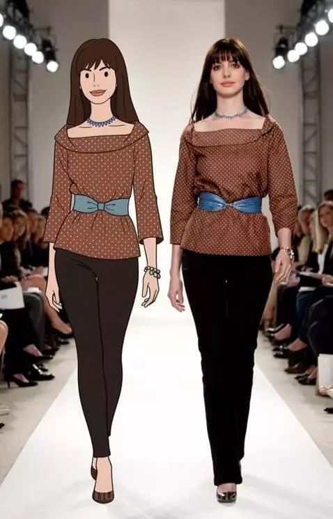 Anne Hathaway and animated character in matching brown polka dot blouse, blue belt, and black pants on a fashion runway.
