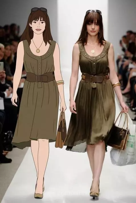Cartoon and real woman walking down a fashion runway in similar olive green dresses and brown belts.