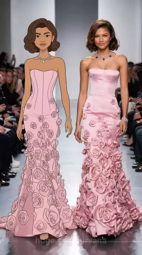 Zendaya and animated Zendaya in matching pink strapless gowns with rose appliques on a fashion runway.