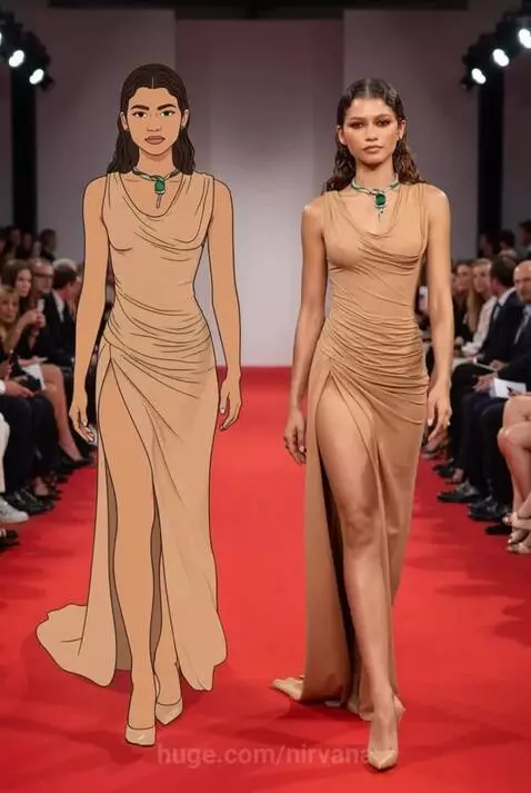 Zendaya and her animated double walk the red carpet in matching tan dresses and emerald necklaces.