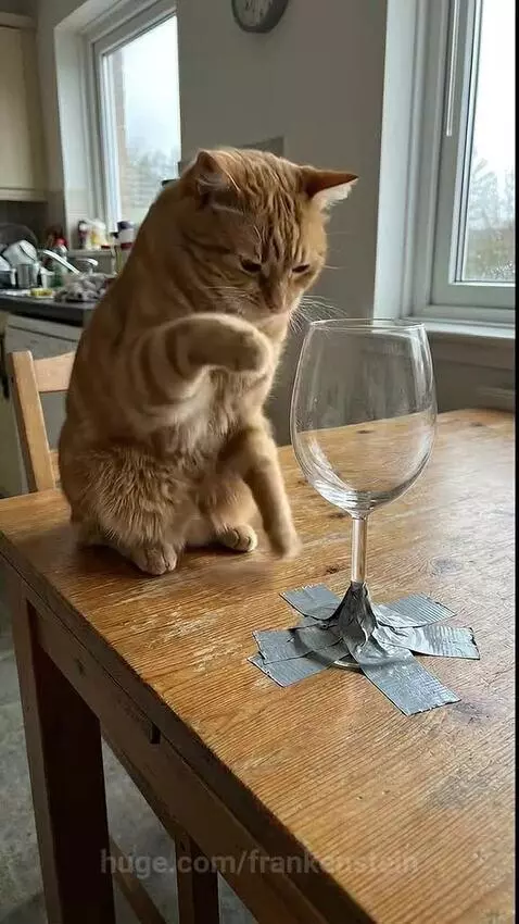 Orange tabby cat looking surprised next to a shattered wine glass on a table.