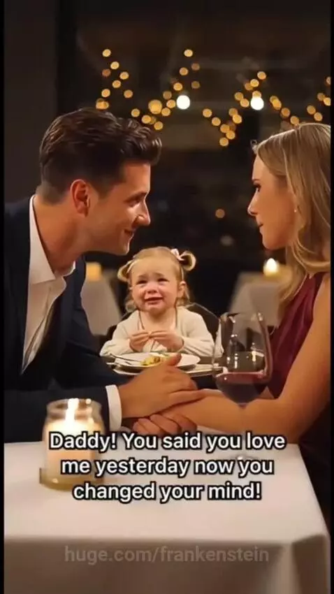 A young girl crying at a restaurant table between her parents who are holding hands.