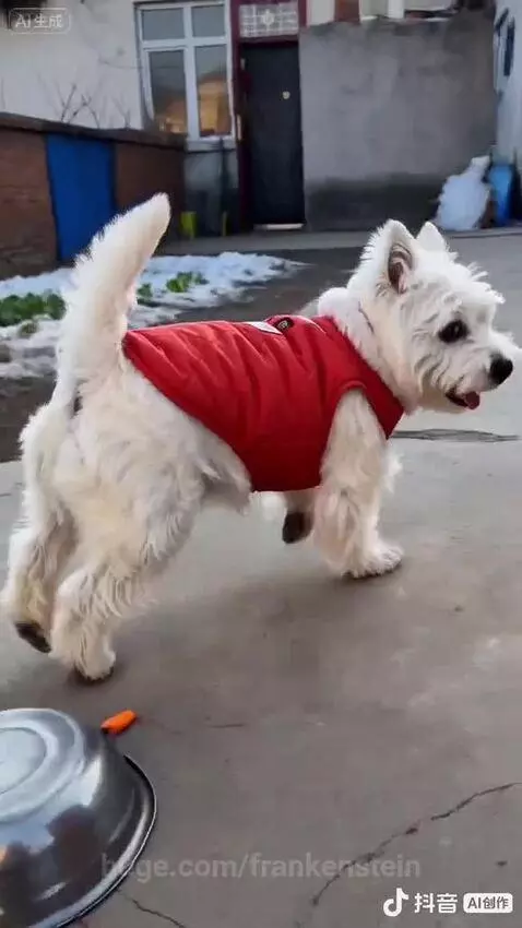 Small white dog wearing a red vest sits with a metal bowl on its head, resembling a helmet, after a firecracker explosion.