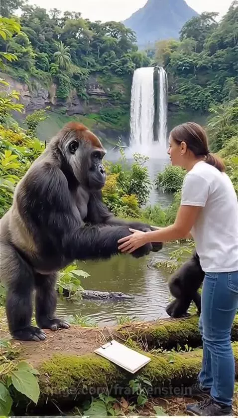 Woman gently touching a large gorilla and holding a baby gorilla in a vibrant jungle with a waterfall.
