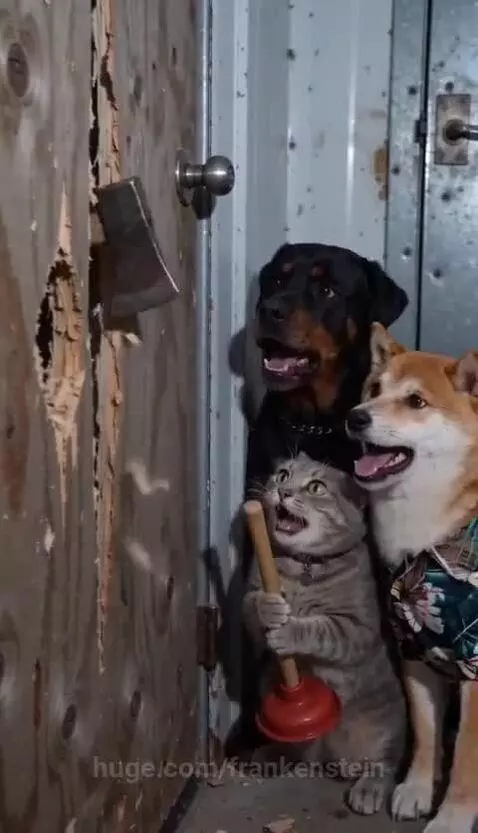 A grey tabby cat holding a red plunger stands with startled dogs behind it, as a hole appears in a wooden door.