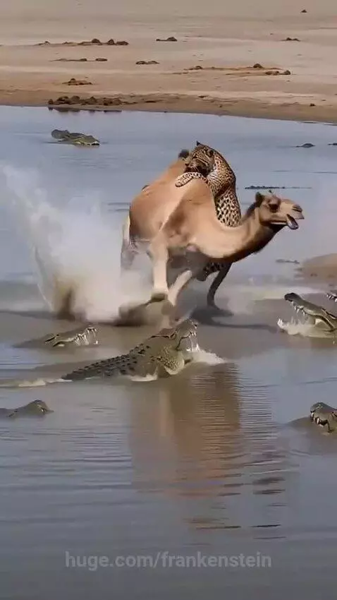 A camel running through water with a leopard on its back, as crocodiles attack.