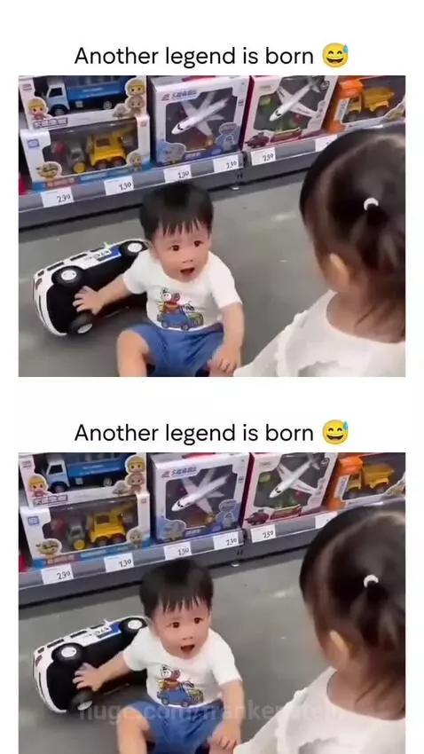 Young boy crying loudly on a store floor holding a toy car, then smiling and interacting with a girl.