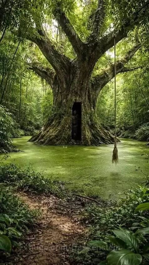 Person running through a jungle swamp towards a large tree with a hidden entrance, pursued by tactical gear figures.