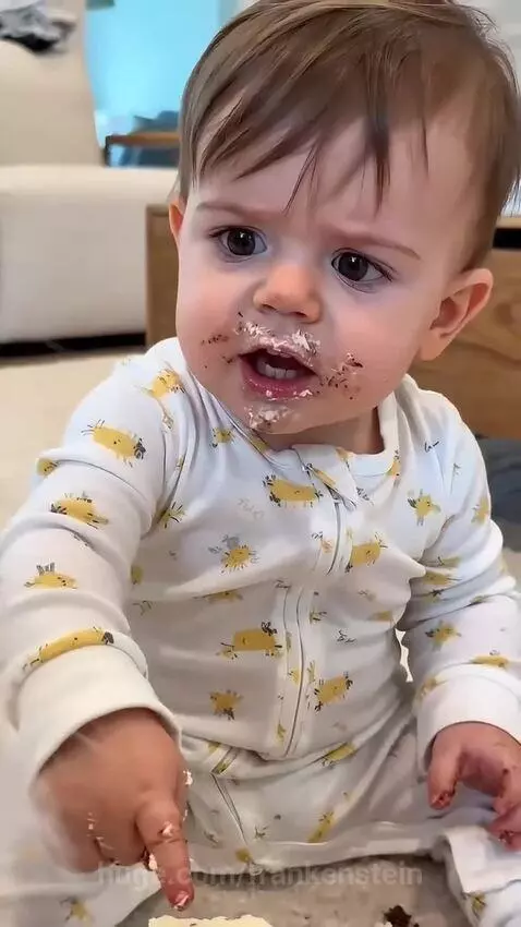 Baby in a white onesie covered in cake frosting, crying as a Ragdoll cat touches their chocolate cake.