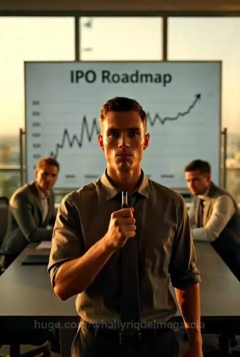 Businessman smiling triumphantly in a boardroom with an IPO roadmap screen behind him.