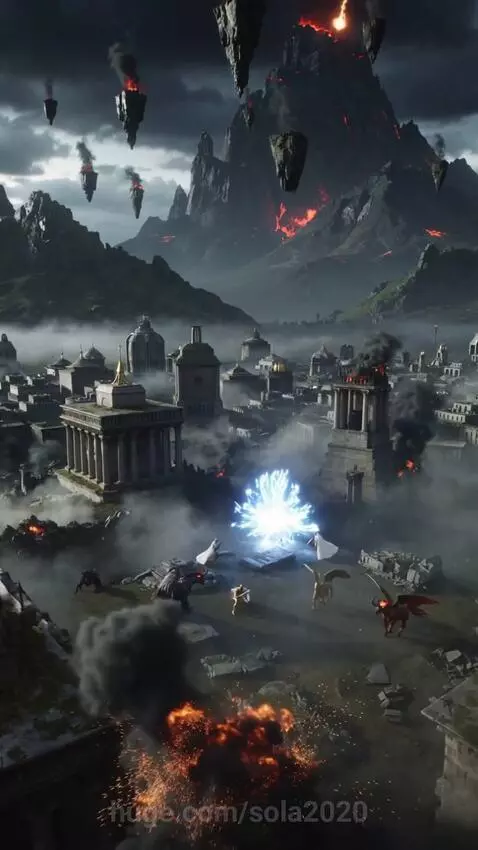 Massive fantasy battle in a ruined city with volcanic eruption and floating islands in the sky.
