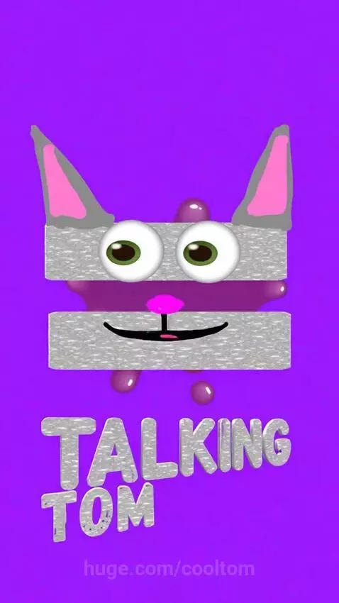 Animated blocky cat face with green eyes and pink nose, purple liquid dripping, on a purple background. Text 'huge.com/cooltom' visible.
