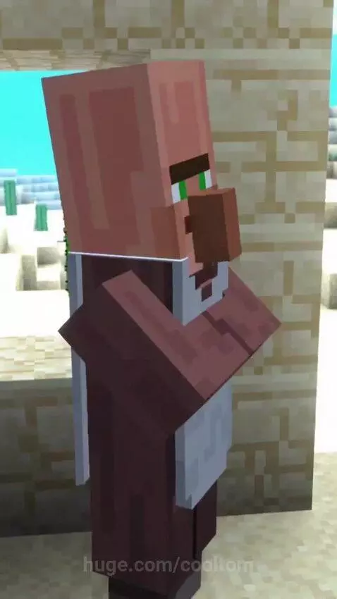 Close-up of a Minecraft villager with green eyes and brown tunic in a desert landscape with cacti.
