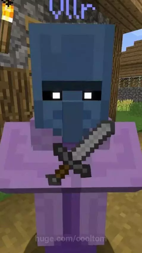 Two Minecraft villagers facing off with swords, one with a rainbow sword and the other looking embarrassed.