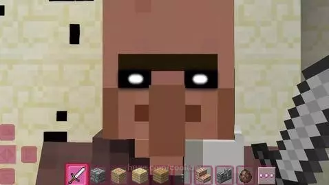 Minecraft villager with glowing white eyes being attacked by a player with a sword, leading to a ban message.