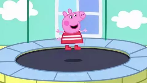Peppa Pig in her red dress and boots jumping high above Earth into space from a trampoline.