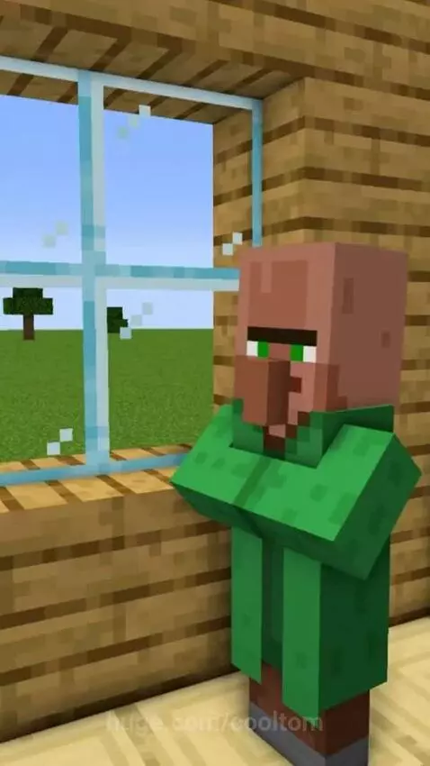 Minecraft villager in a house looks out a window as a scary, distorted face with glowing eyes appears.