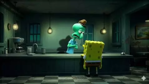 Animated Squidward-like character in a diner asks SpongeBob-like character about the Hash Slinging Slasher story.