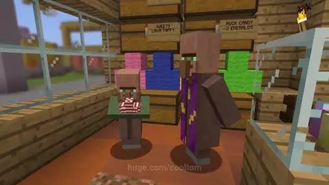 Minecraft villager in purple robes scolding a smaller villager holding candy in a shop.