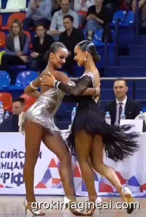 Two female ballroom dancers in shimmering fringed dresses performing intricate steps during a competition.