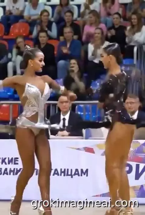 Two women in elaborate samba costumes performing a dynamic dance routine on a polished floor.