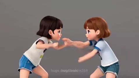 Two animated young girls playfully pushing each other in a friendly game.