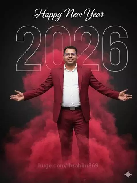 Man in maroon suit smiling with outstretched arms, '2026' numbers with sparkles, and red smoke.