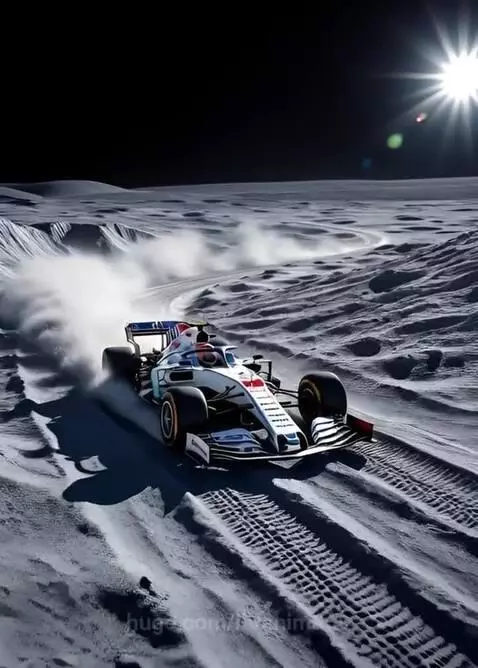 White and blue F1-style race car speeding across a dusty, cratered moon surface, leaving tire tracks.