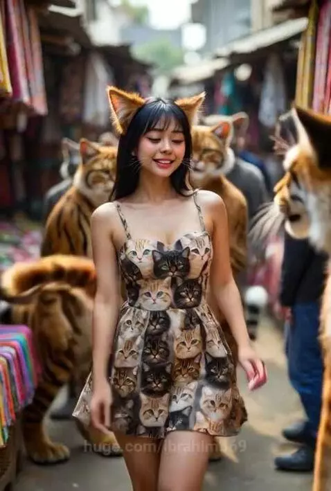 Woman with cat ears and whiskers in a cat-face dress, surrounded by large anthropomorphic cat and tiger figures in a market.