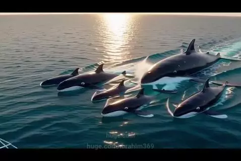 Animated blue whale swimming with dolphins, then blue birds flying over calm ocean water with sun reflection.