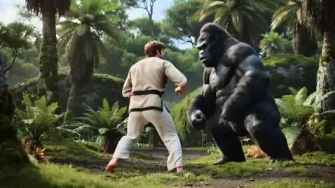 A muscular gorilla lunging at a man in a white gi during a simulated fight in a dense jungle.