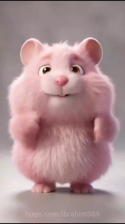 An adorable, fluffy, pink hamster-like creature named Fluffernutter wiggling its feet on a rainbow wheel.