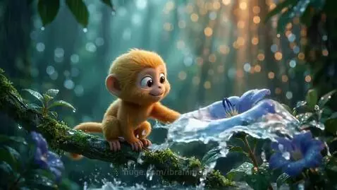 A baby monkey and a turtle share a large leaf as shelter from the rain.