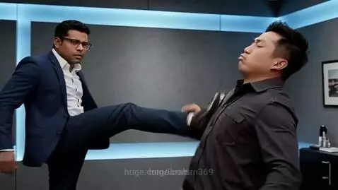 Man in blue suit with glasses threatens viewer, then kicks a man in a black shirt to the ground.